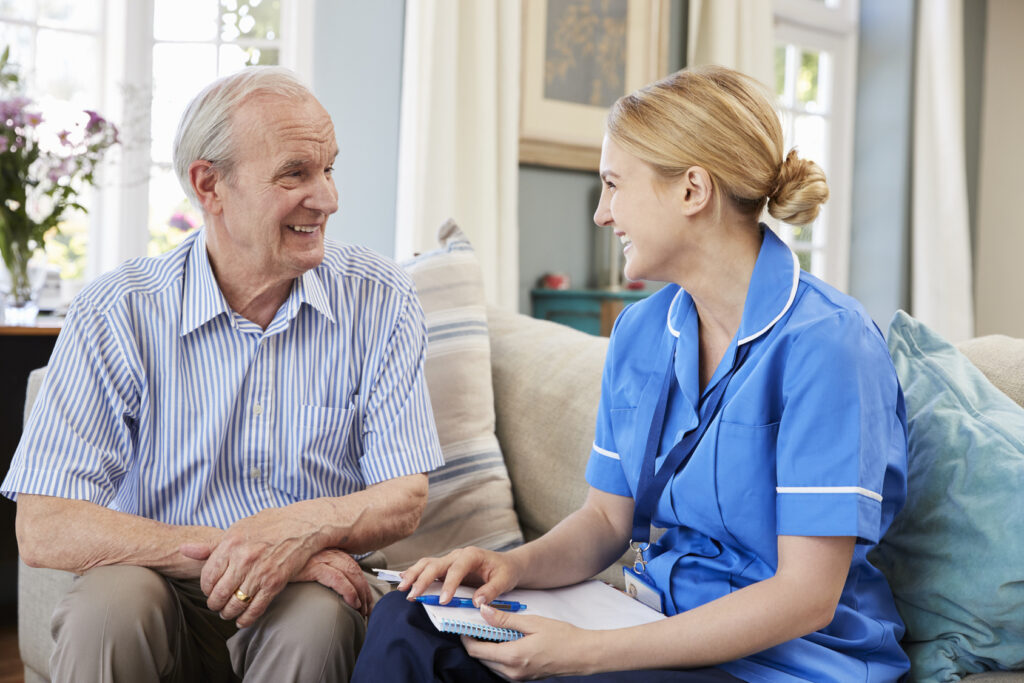 Caregiver calmly engaging with a senior