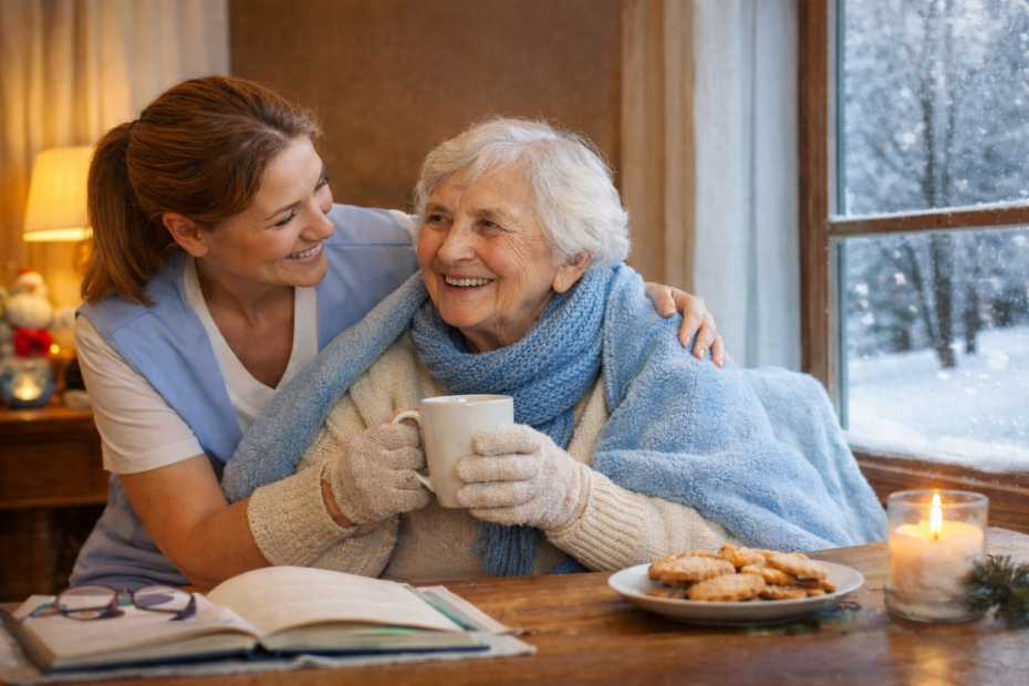 Enjoying hot chocolate on a cold day with the caregiver.
