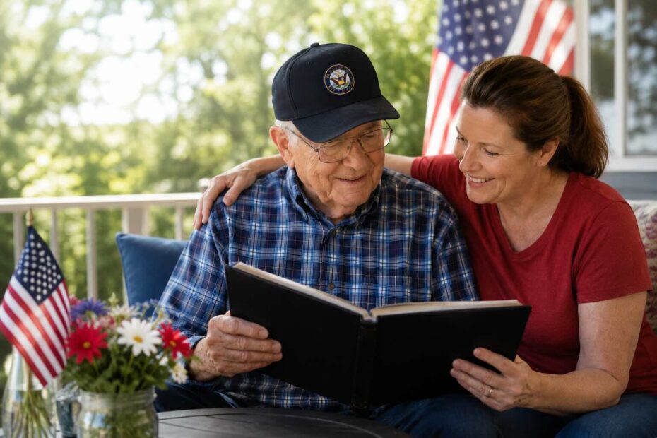 Daughter reviewing photo book with father on Memorial Day