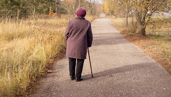 Lonely elderly woman walks in autumn park