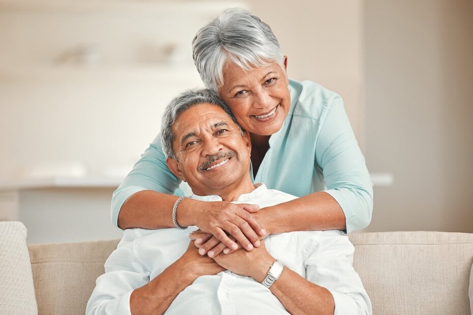 Senior couple hugging