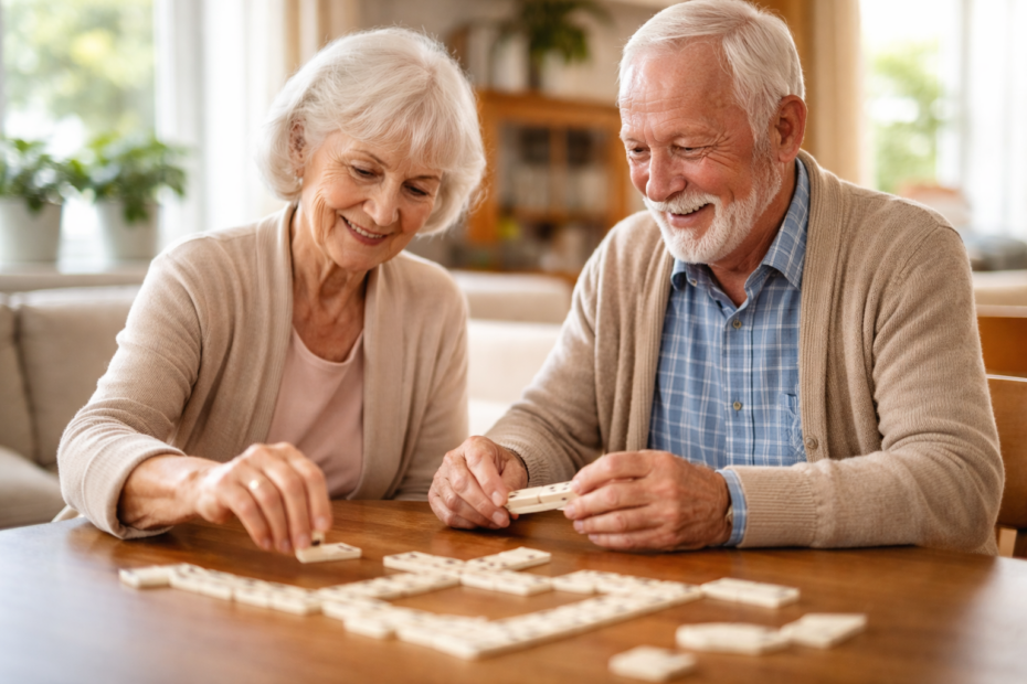 Couple with dementia playing indoor games during cold months.