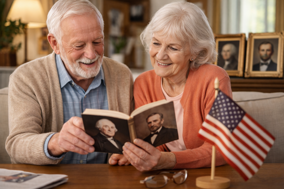 senior couple looking at President's Day book